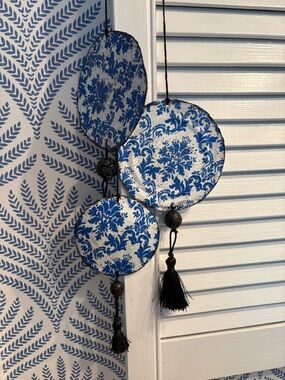 Blue and White Decorative Hanging Discs with Tassels